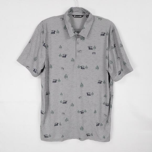 Travis Mathew Polo Shirt Mens 2XL Gray Golf Cart Tree Print Performance Casual - Picture 1 of 16